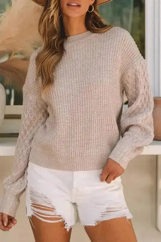 Sea Green Cable Knit Drop Shoulder Balloon Sleeve Sweater Women UK
