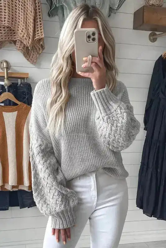 Sea Green Cable Knit Drop Shoulder Balloon Sleeve Sweater Women UK
