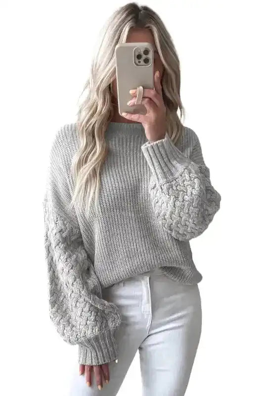 Sea Green Cable Knit Drop Shoulder Balloon Sleeve Sweater Women UK