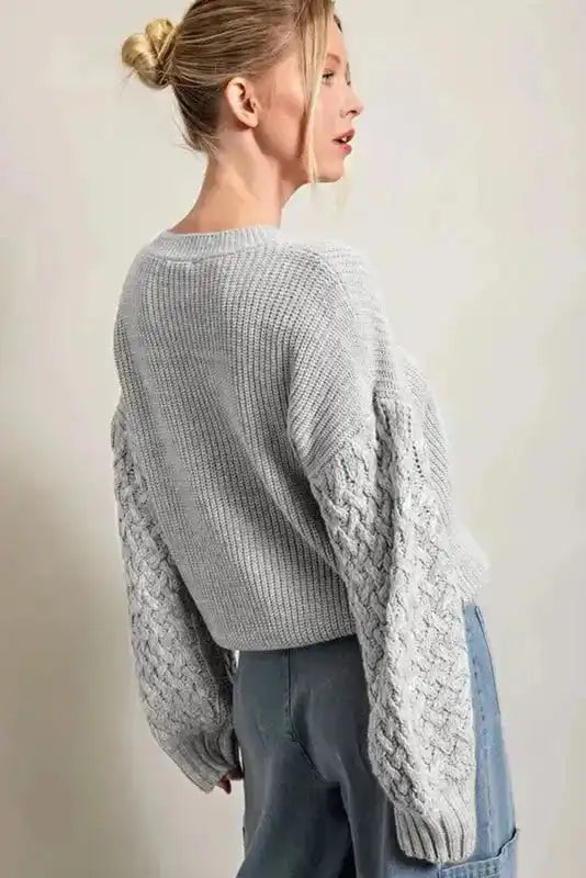 Sea Green Cable Knit Drop Shoulder Balloon Sleeve Sweater Women UK