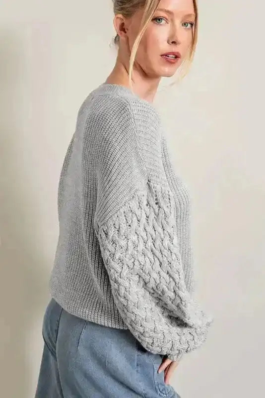 Sea Green Cable Knit Drop Shoulder Balloon Sleeve Sweater Women UK