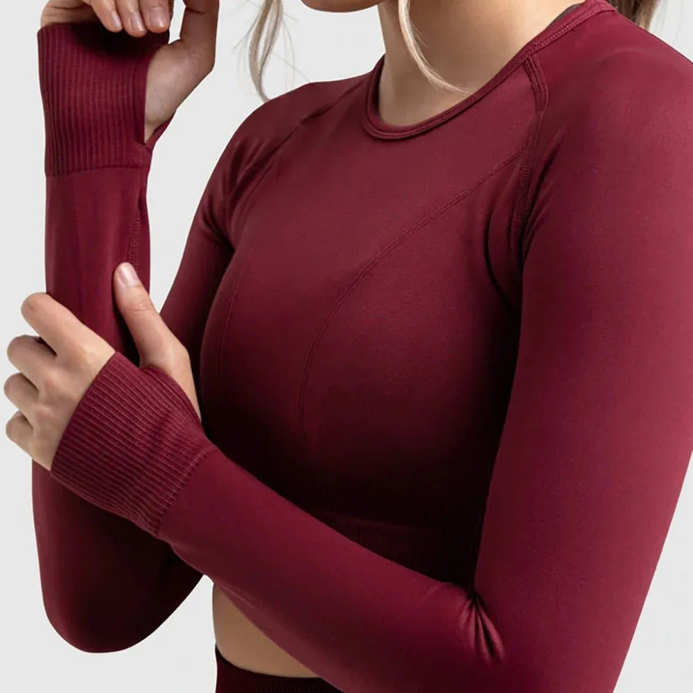 Seamless Sports Bra Set with Peach Hip Trousers – Super Stretch Long Sleeve Yoga Outfit S, M, L