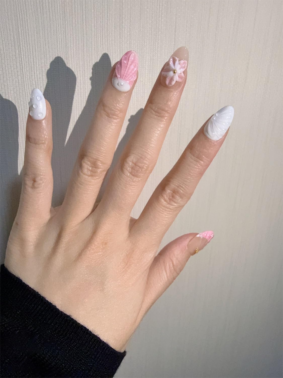 Seashell Almond Press-On Nails – 10-Piece 3D Floral with Water Drop & Starfish Decor