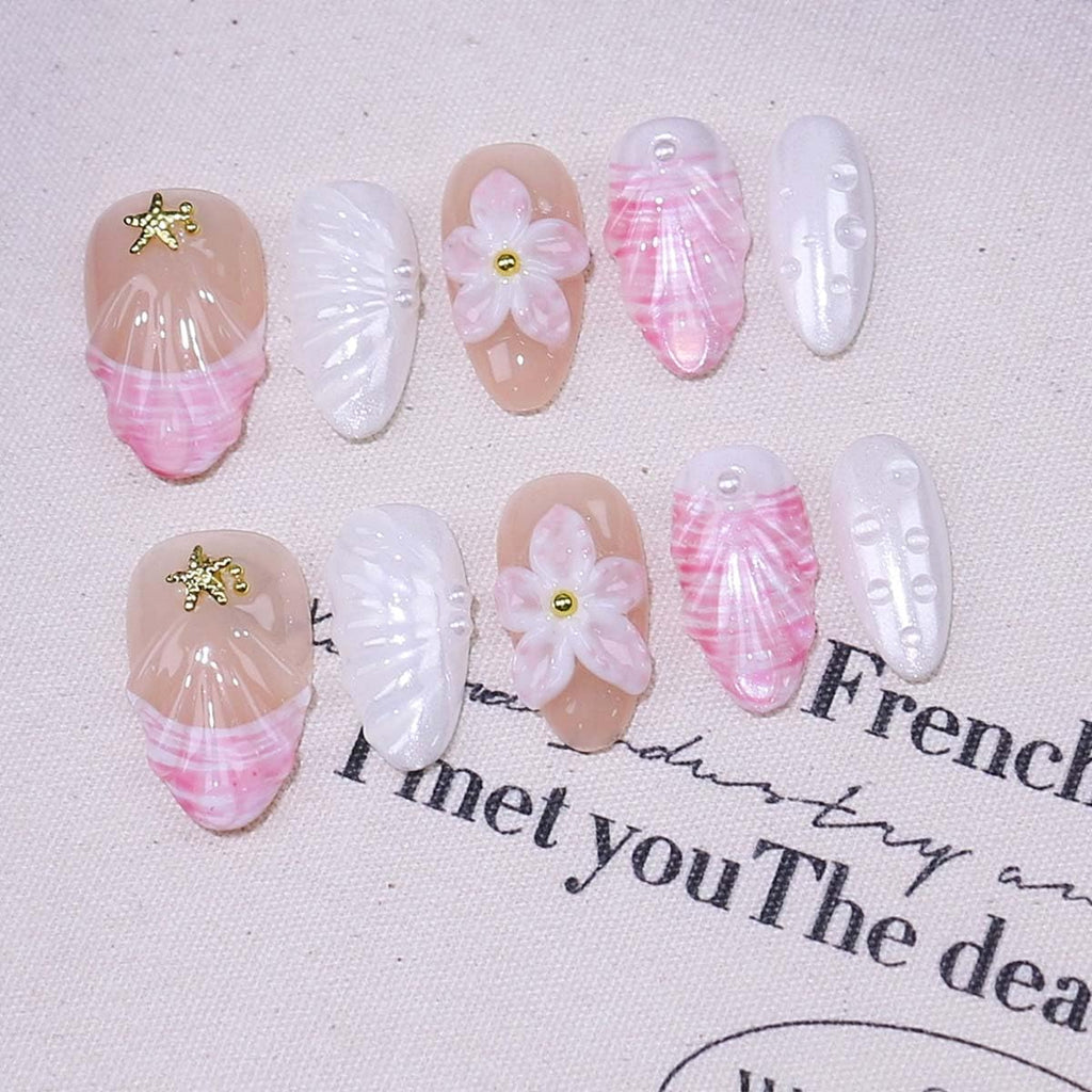 Seashell Almond Press-On Nails – 10-Piece 3D Floral with Water Drop & Starfish Decor