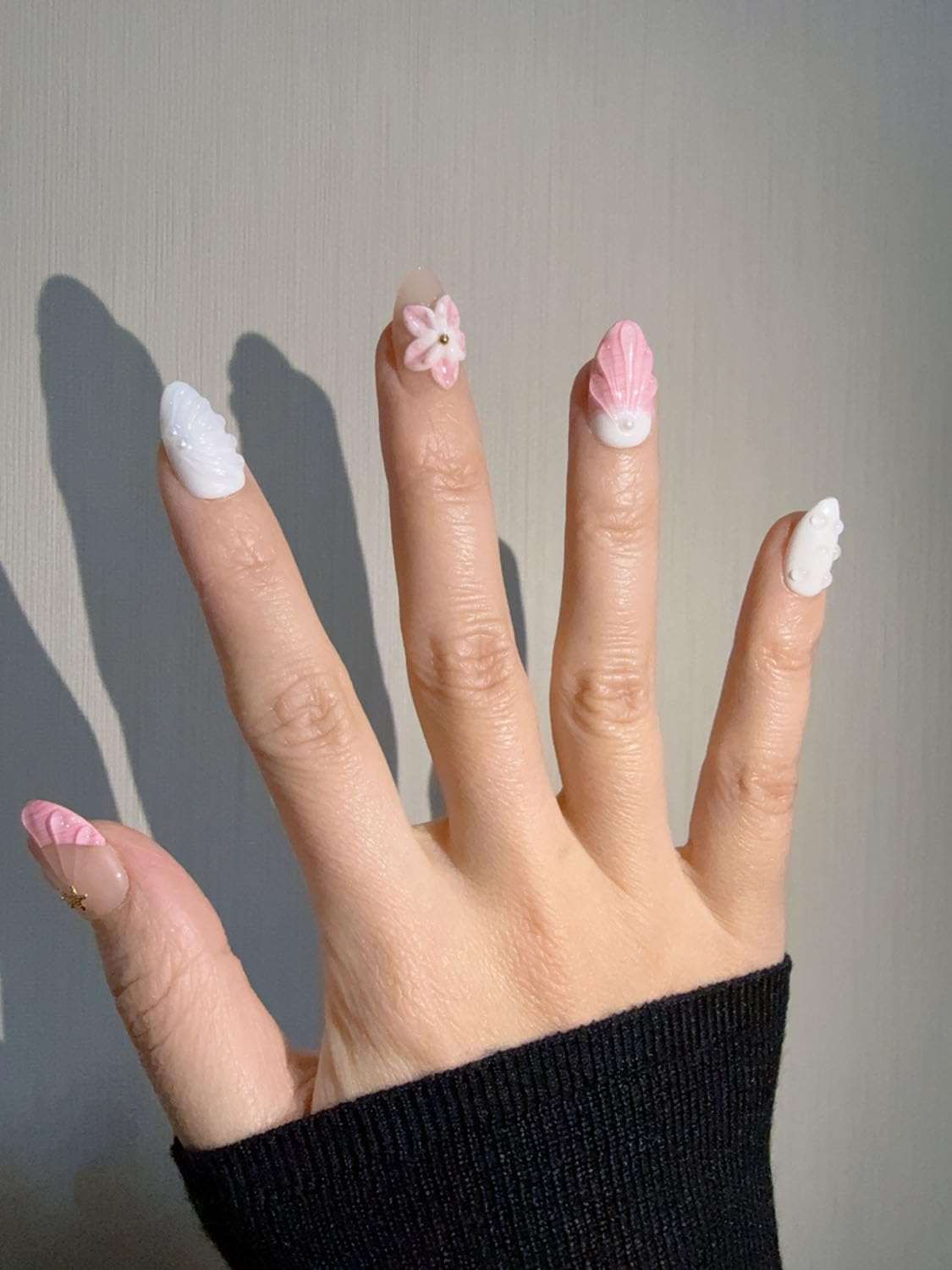 Seashell Almond Press-On Nails – 10-Piece 3D Floral with Water Drop & Starfish Decor