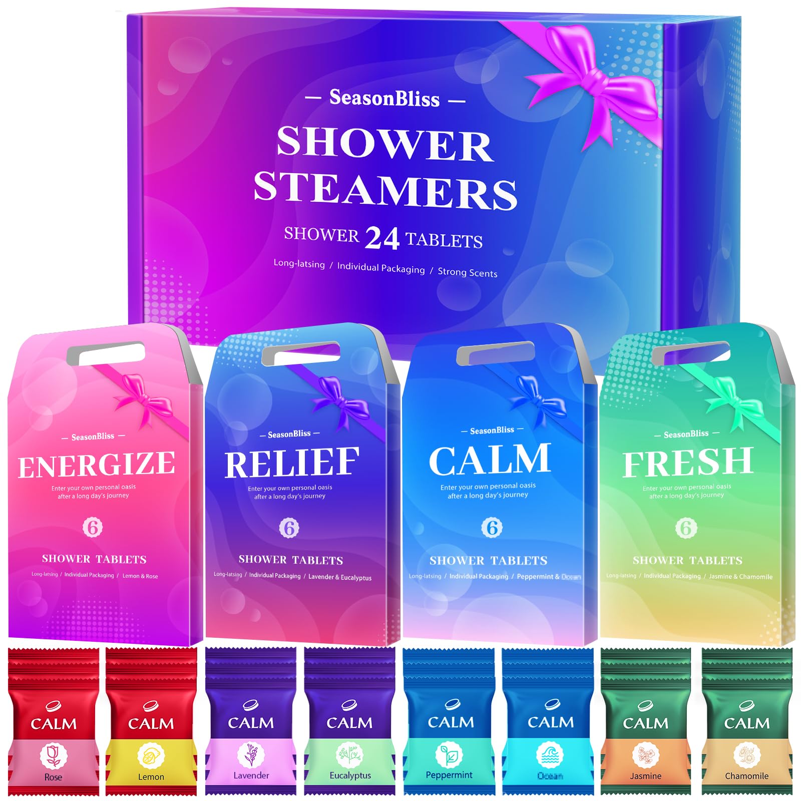 SeasonBliss Shower Steamers 24 Pack – 8 Scents, Individually Wrapped, Natural Shower Tablets