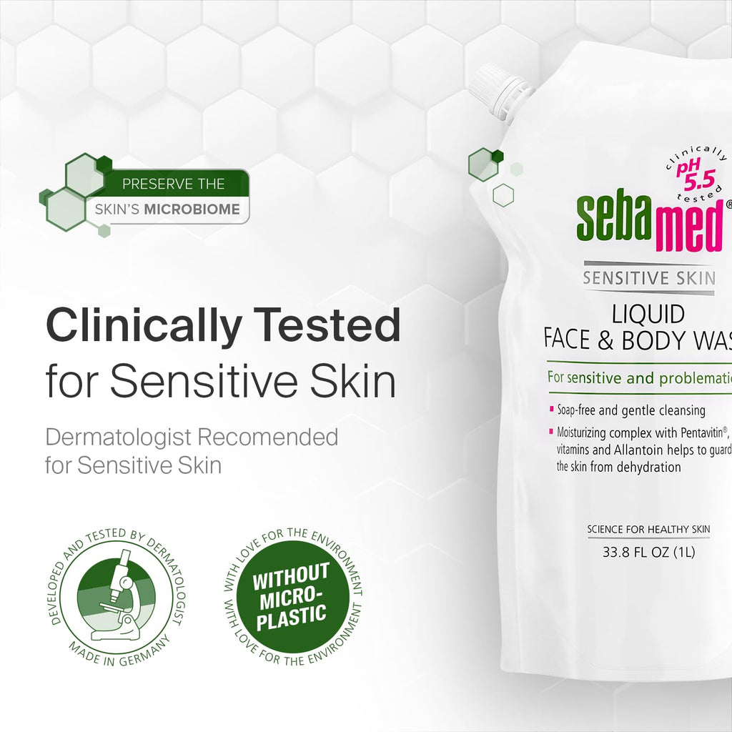 SEBAMED Liquid Face & Body Wash Refill Bag – Gentle, pH 5.5, Dermatologist-Recommended Cleanser for Sensitive Skin (1 L)