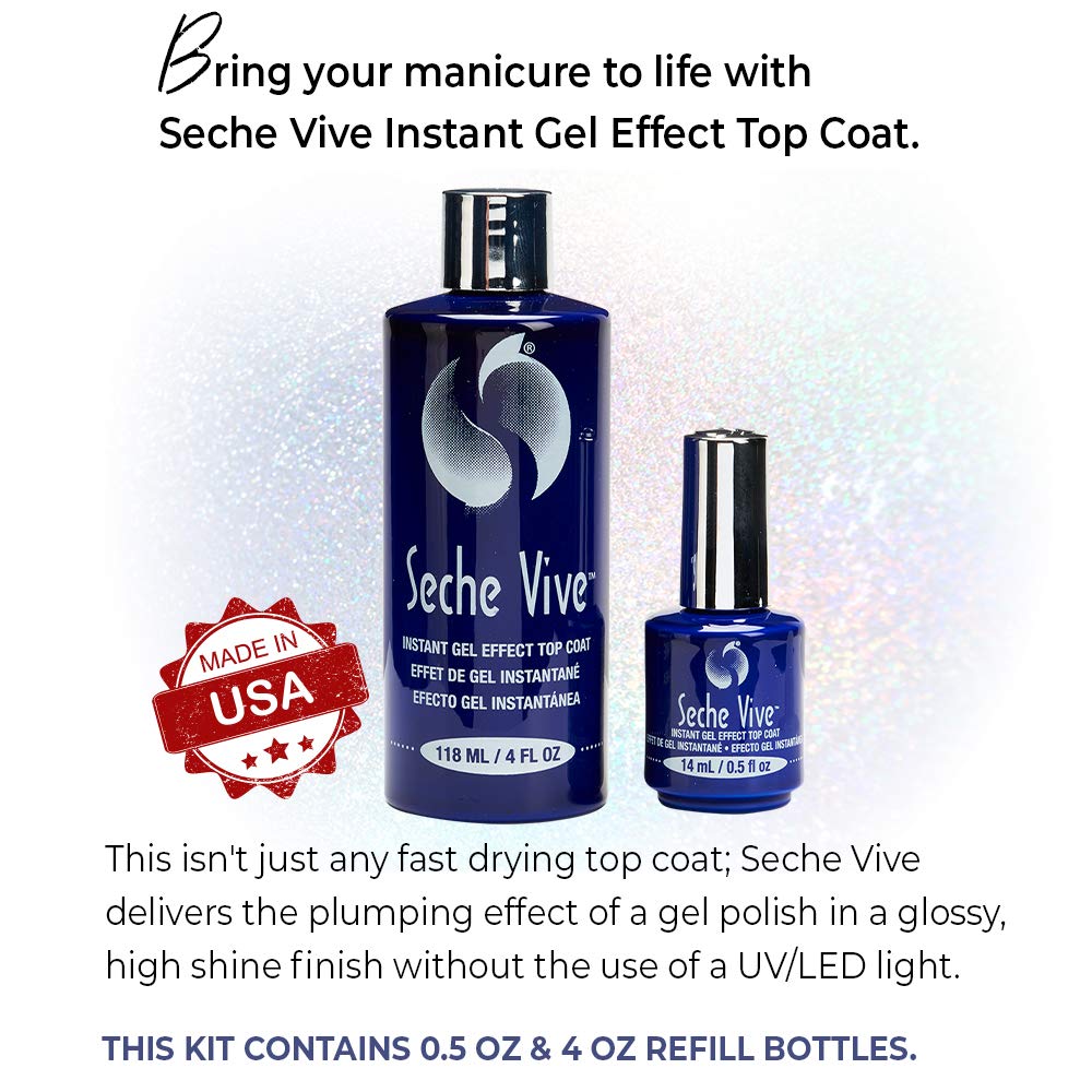 Seche Vive Professional Kit – Instant Gel Effect Top Coat for Nail Polish (4 oz & 0.5 oz Refill)