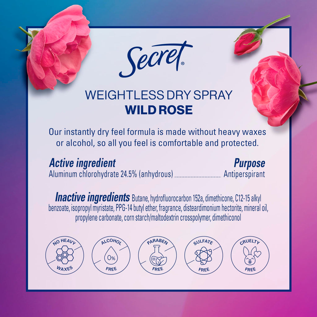 Secret Dry Spray Antiperspirant for Women — 48h Sweat & Odor Protection, Rose Scent (Pack of 3)