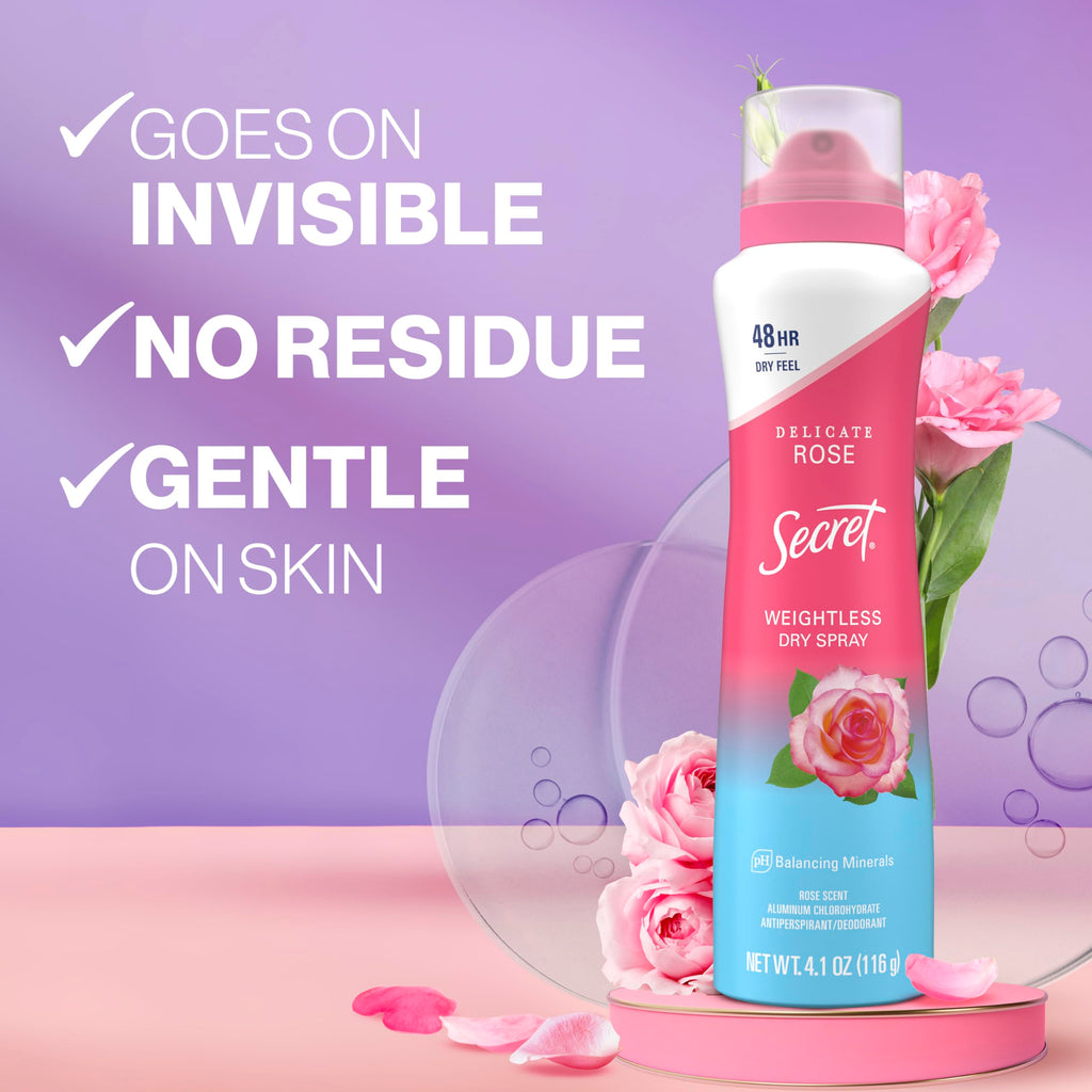 Secret Dry Spray Antiperspirant for Women — 48h Sweat & Odor Protection, Rose Scent (Pack of 3)