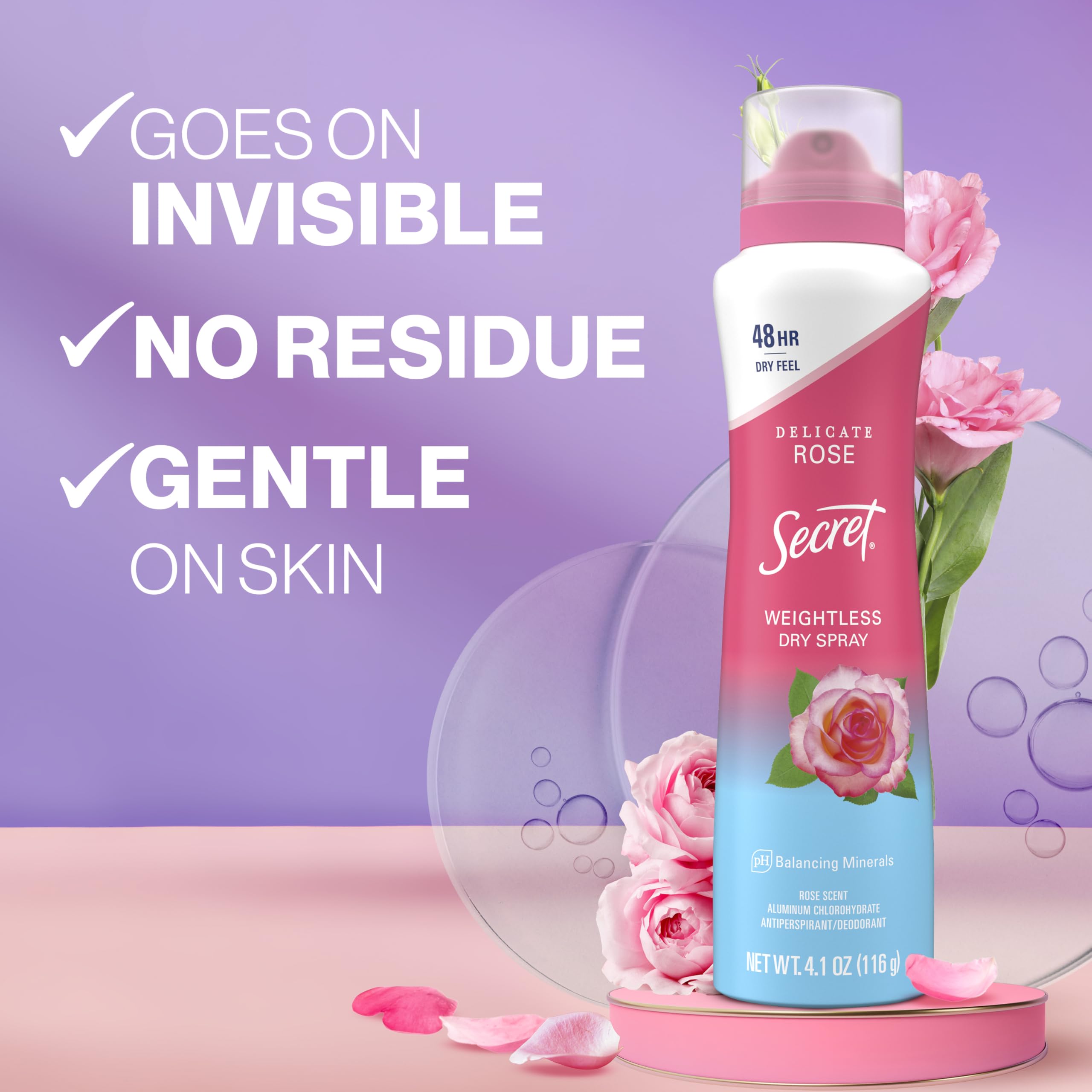 Secret Dry Spray Antiperspirant for Women — 48h Sweat & Odor Protection, Rose Scent (Pack of 3)