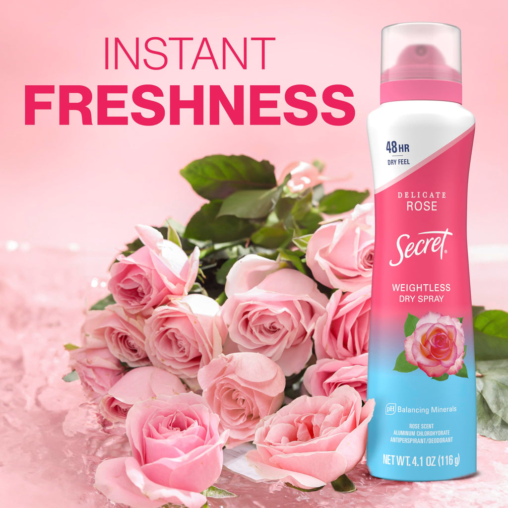 Secret Dry Spray Antiperspirant for Women — 48h Sweat & Odor Protection, Rose Scent (Pack of 3)