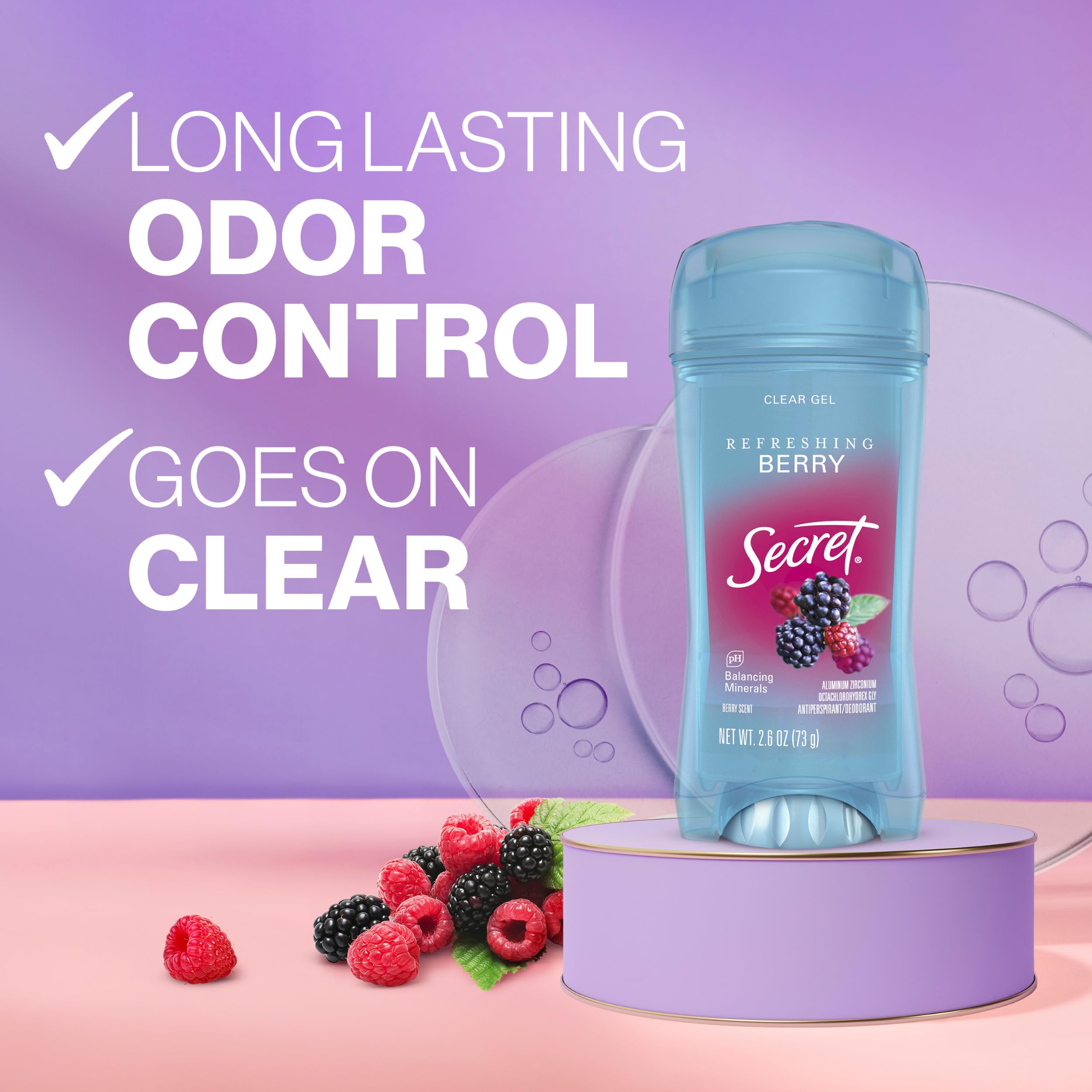 Secret Fresh Antiperspirant Deodorant for Women – 72-Hour Breathable Odor Protection, Clear Gel, Berry Scent (2.6 oz) Pack of 6
