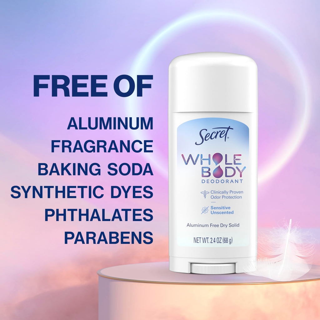 Secret Whole Body Deodorant Stick for Women — Unscented, Aluminum-Free, 72 HR Protection, 2.4 oz