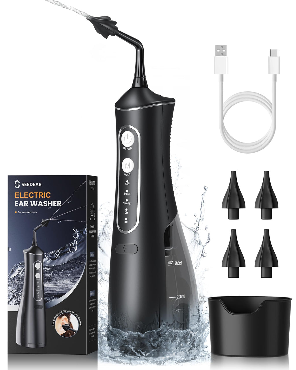 SEEDEAR Electric Ear Wax Removal Kit — 4 Water Pressure Modes, 300ml Tank, IPX7 Waterproof