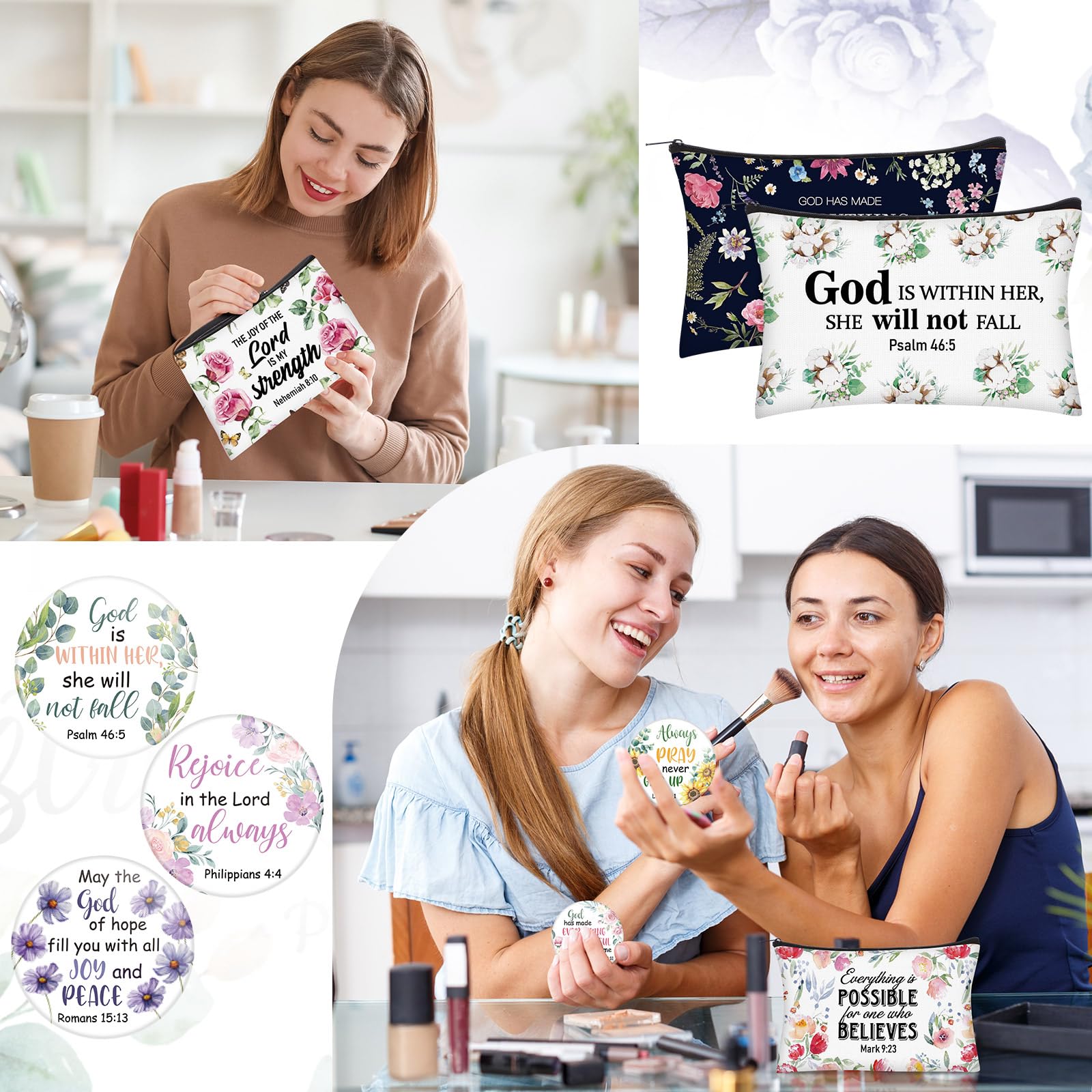 Seeloowy 24 Pcs Christian Gifts for Women – Floral Bible Verse Bags & Mirrors