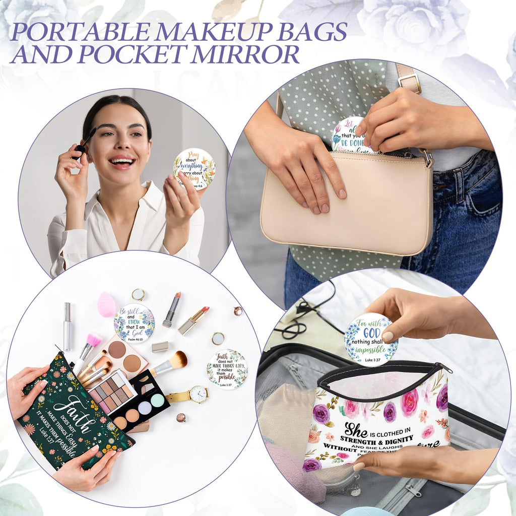 Seeloowy 24 Pcs Christian Gifts for Women – Floral Bible Verse Bags & Mirrors