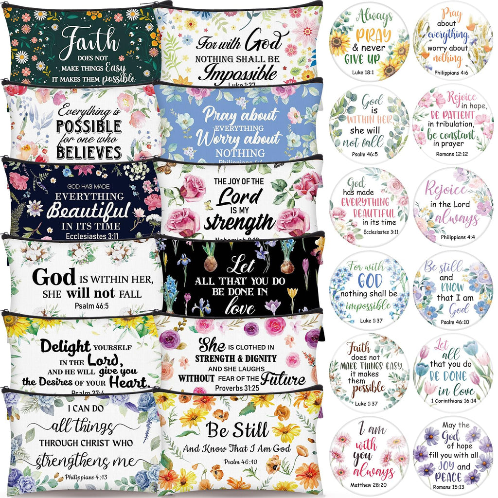 Seeloowy 24 Pcs Christian Gifts for Women – Floral Bible Verse Bags & Mirrors