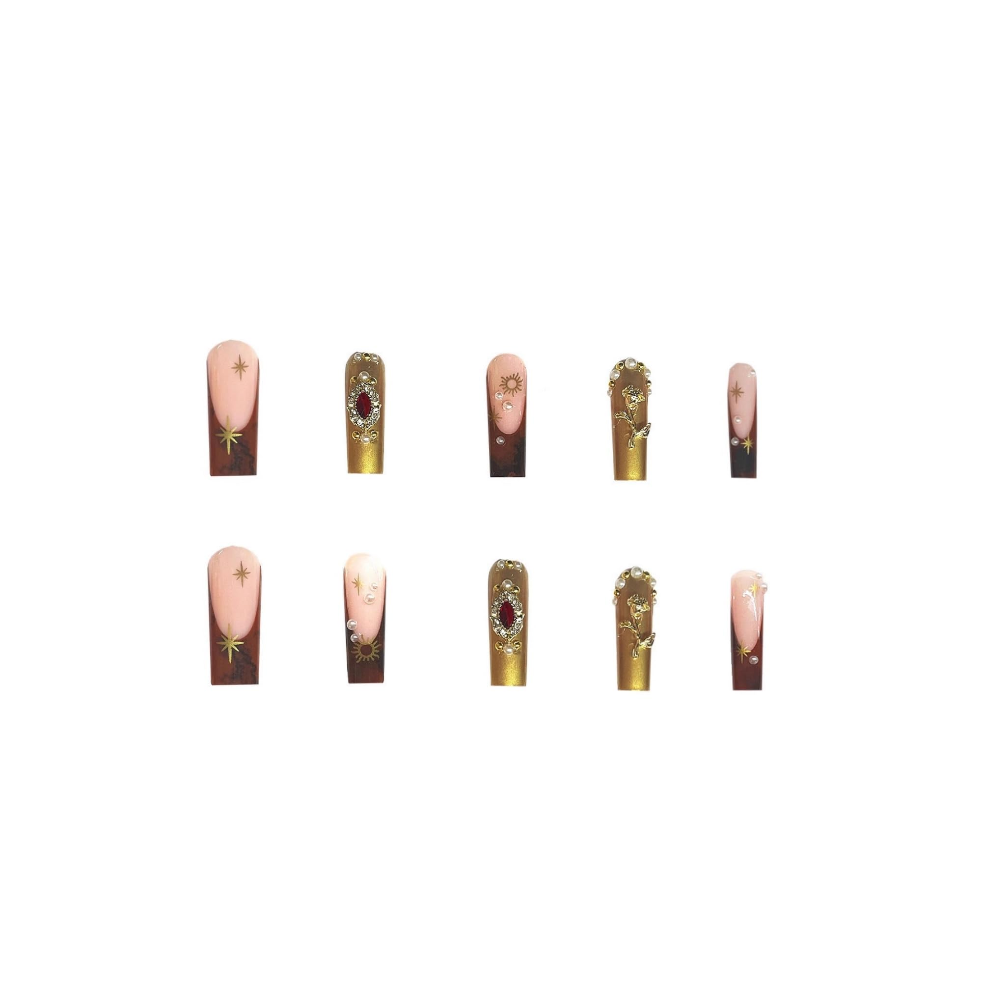 SEENEEY Long Press on Nails – Square Fake Nails with Bow, Pearl & Red Rhinestones | Gold Flower Design, 24pcs