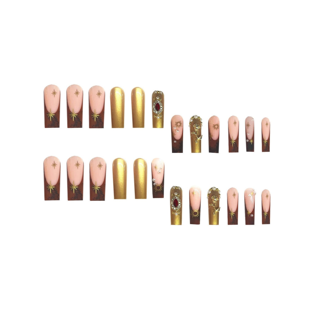 SEENEEY Long Press on Nails – Square Fake Nails with Bow, Pearl & Red Rhinestones | Gold Flower Design, 24pcs