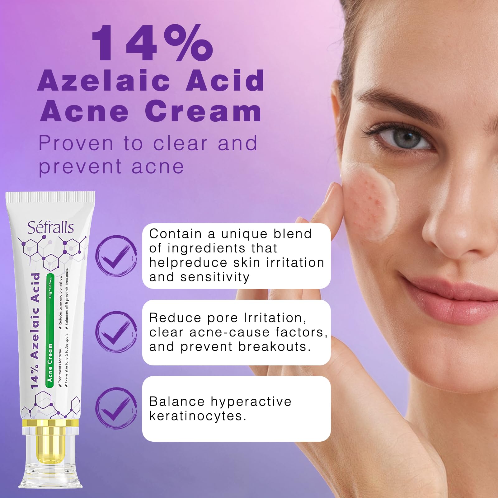 Sefralls 14% Azelaic Acid Acne Cream – Redness Relief, Acne Prevention, 1 Oz