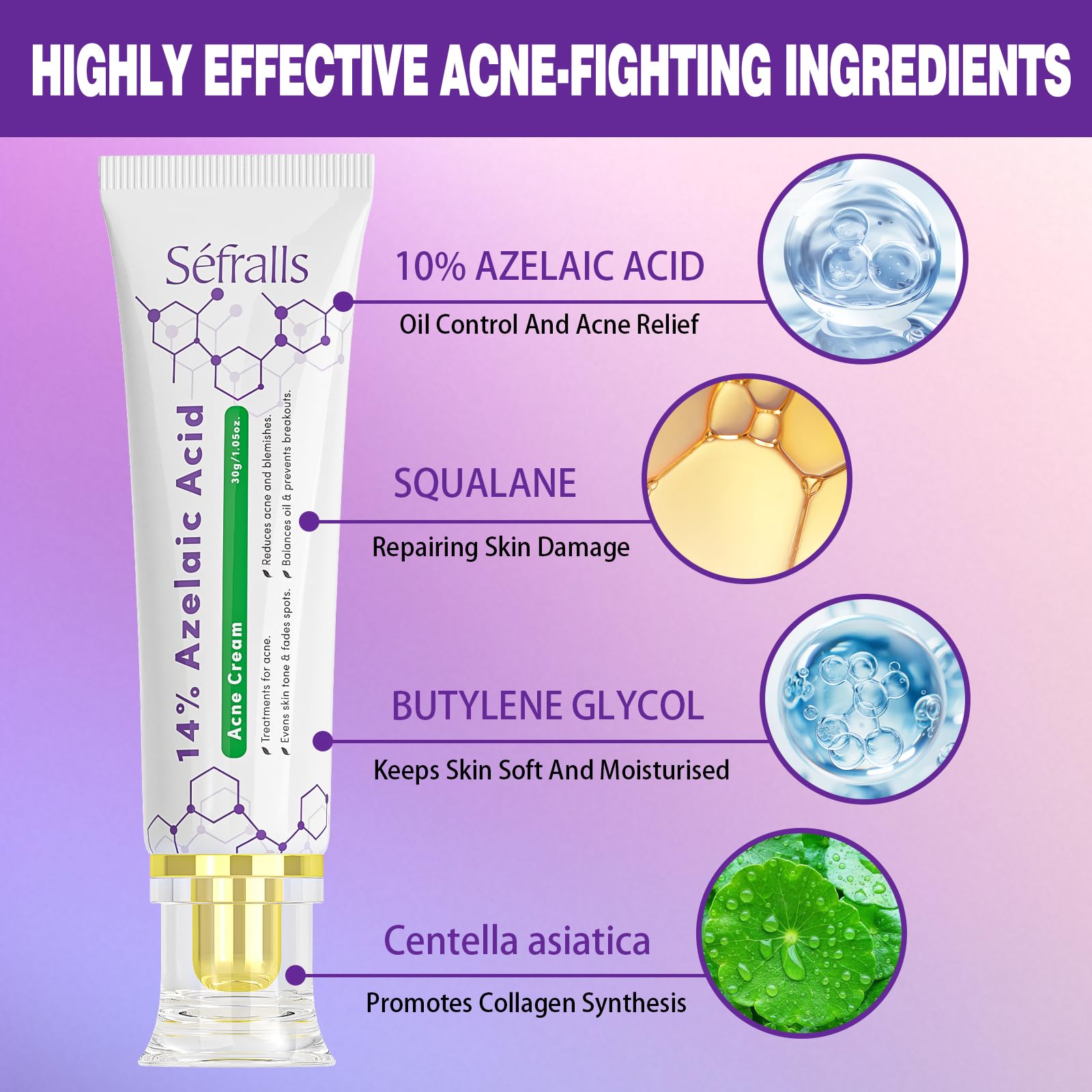 Sefralls 14% Azelaic Acid Acne Cream – Redness Relief, Acne Prevention, 1 Oz