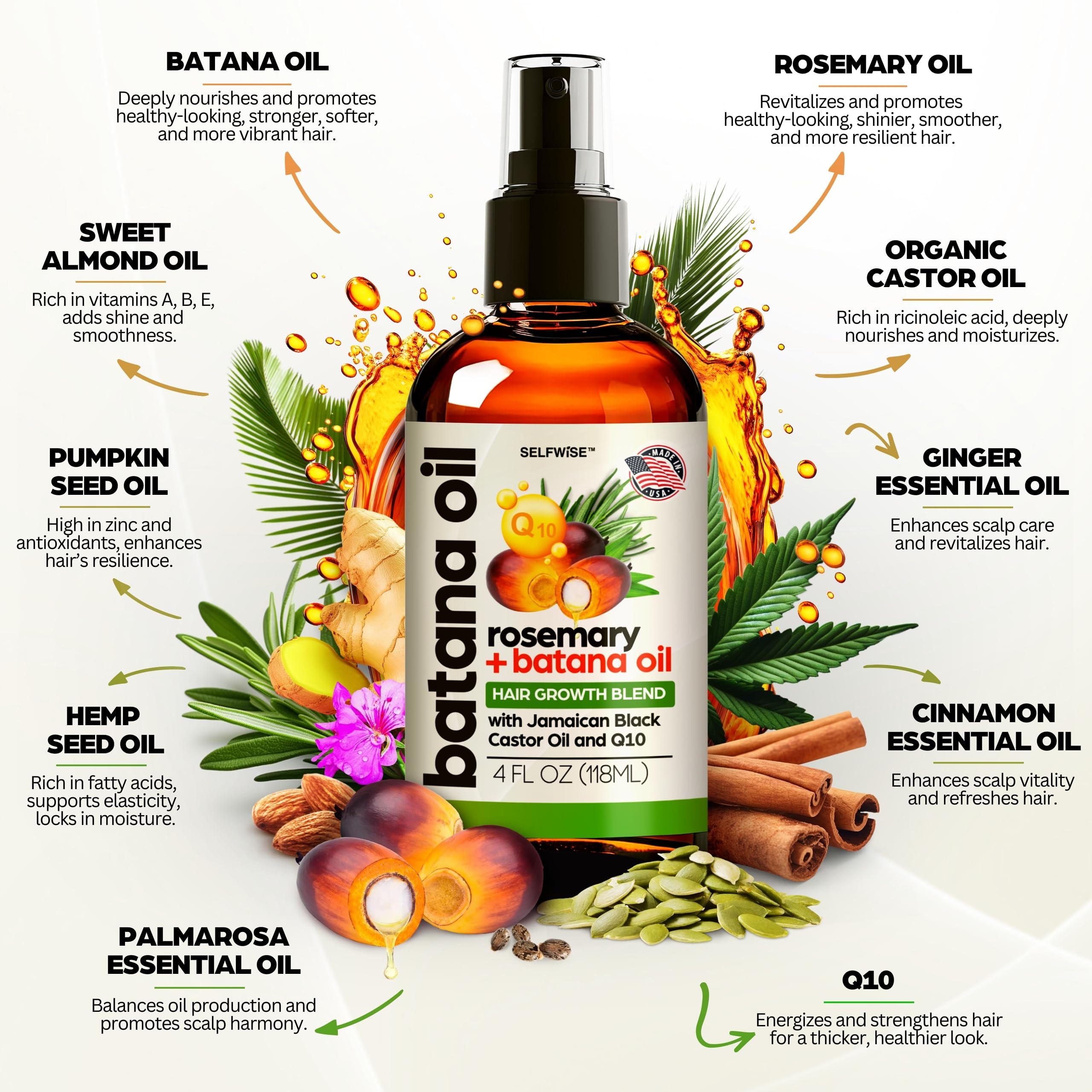 SELFWISE Batana Oil for Hair Growth – Organic Rosemary Castor Blend, 4oz