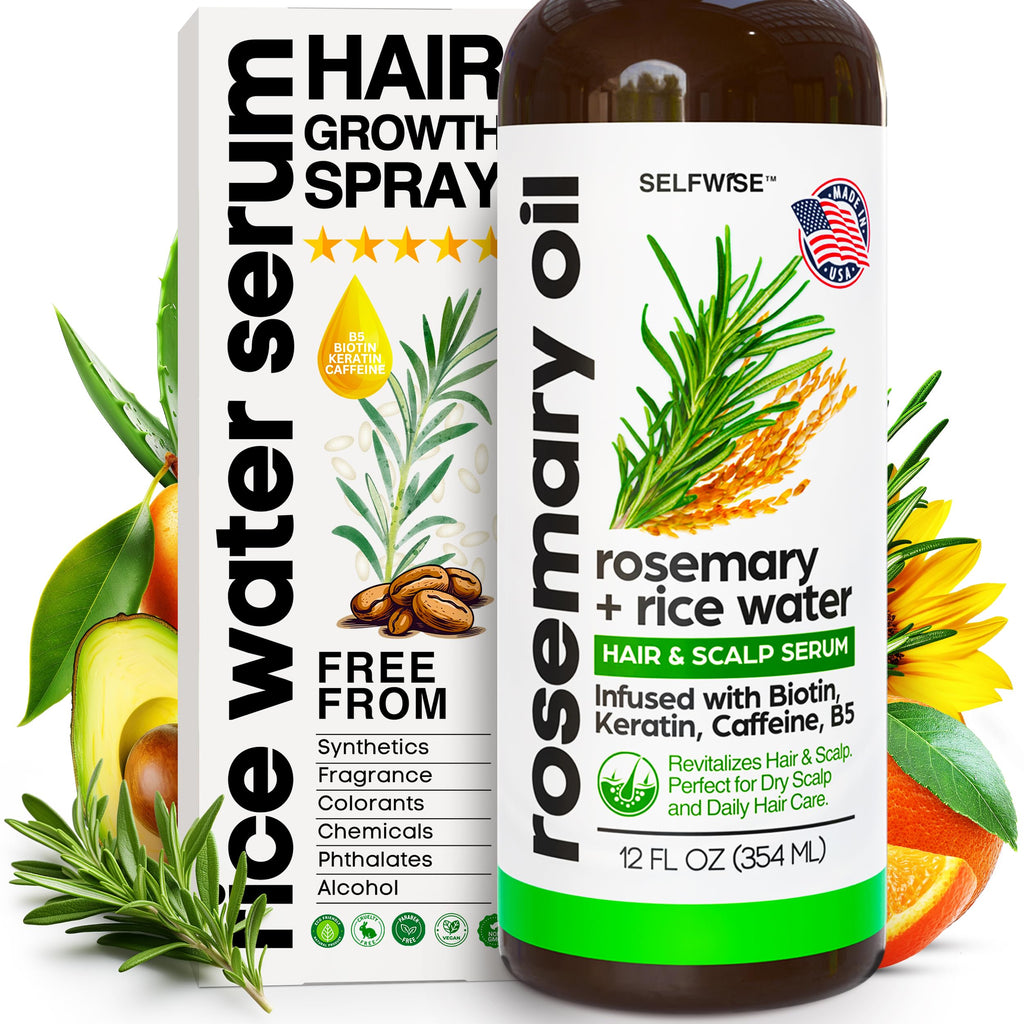 SELFWISE Rosemary Oil & Rice Water Hair Growth Spray – Biotin, Keratin, Caffeine, Vitamin C & B5 | 12oz
