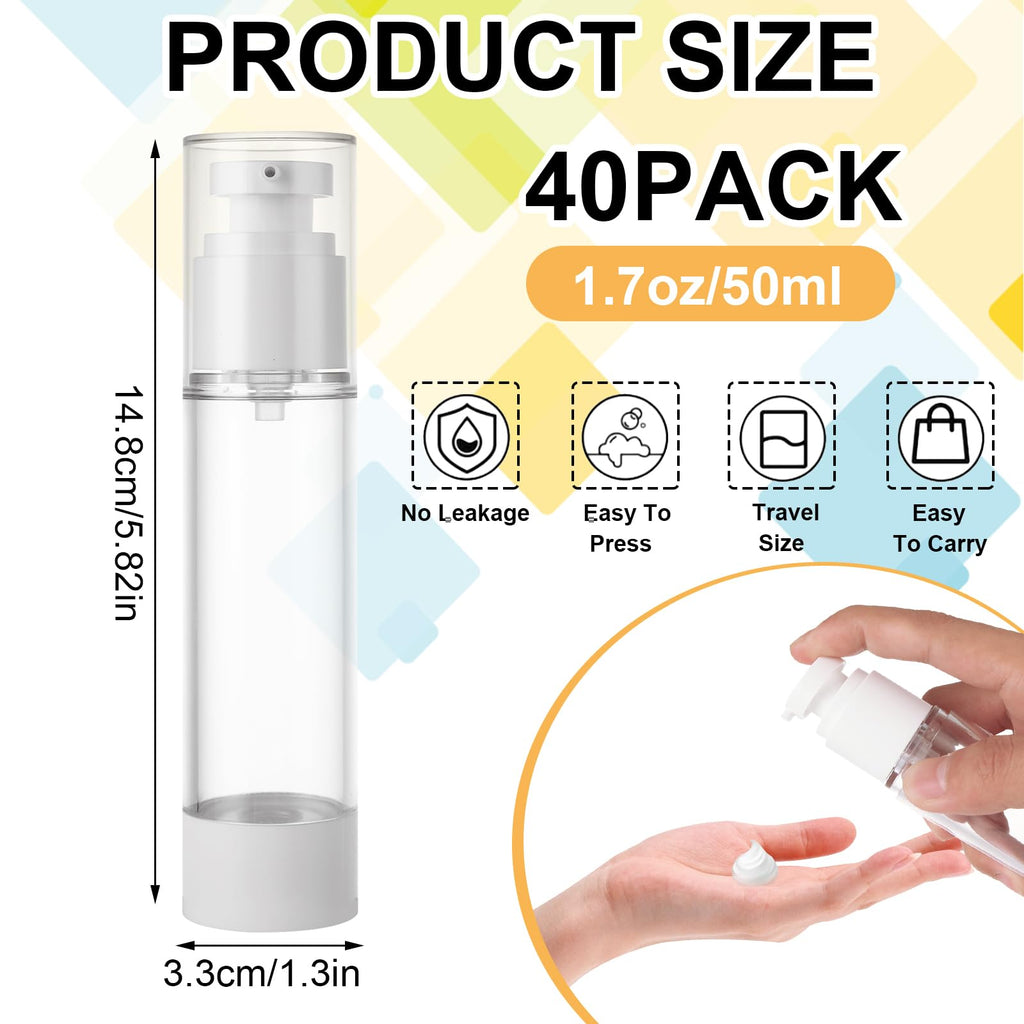 SENENQU 40-Pack 50ml Airless Pump Bottles – Refillable Travel Containers for Foundation, Moisturizer, Shampoo