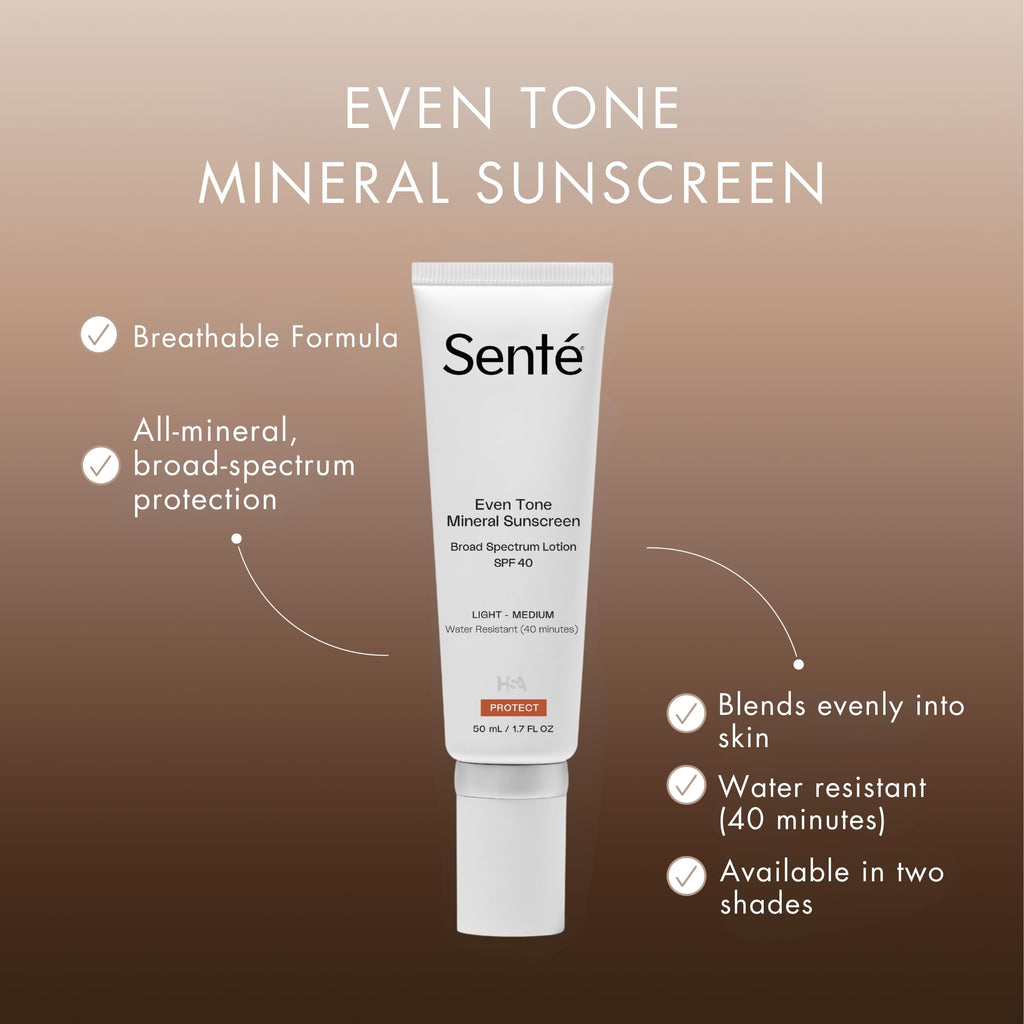 Senté Even Tone Mineral Sunscreen Tint SPF 40 – Light-Medium, Hydrating, Lightweight UVA/UVB & Blue Light Defense
