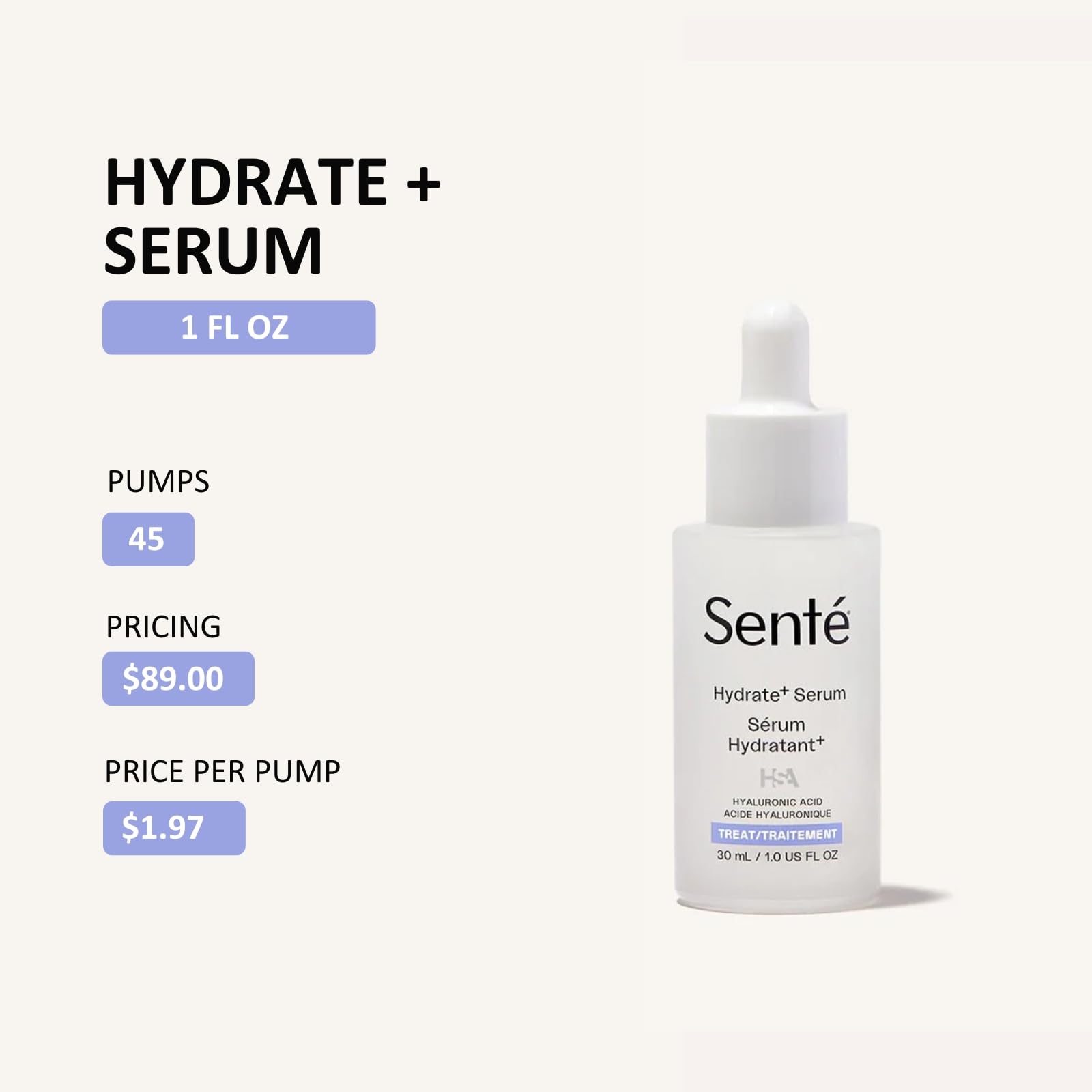 Sente Hydrate+ Serum | Hyaluronic Acid with HSA for Glass Skin | Deep Hydration & Barrier Support | Fragrance-Free | 1.0 oz