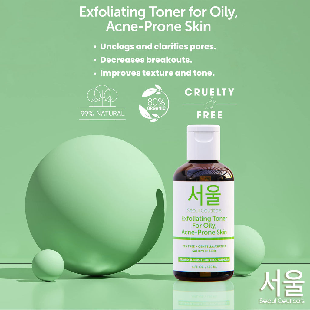 SeoulCeuticals Korean Toner for Oily Acne-Prone Skin – Tea Tree, Centella, Salicylic Acid | 4 fl oz