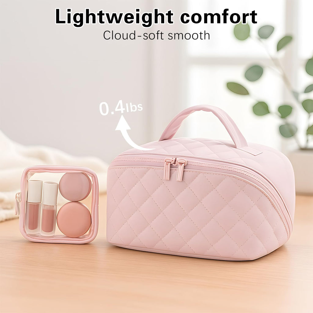 SEPSUMMER Makeup Bag Travel Toiletry Bag – Puffy Pink, Waterproof Cosmetic Organizer, Wide-Open Pouch, 180° Flat Design