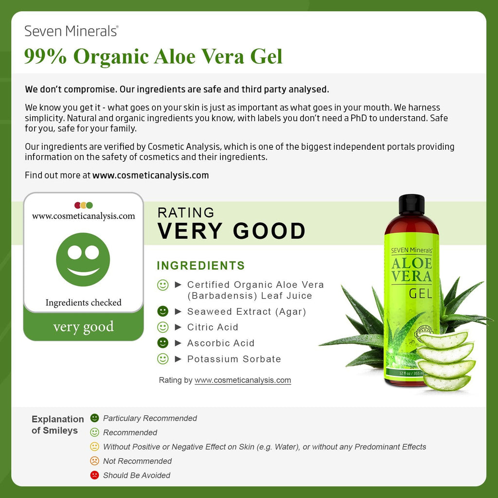 Seven Minerals Aloe Vera Gel – 99% Organic, 12 oz x2 Pack – Real Juice, No Xanthan, Fast Absorption