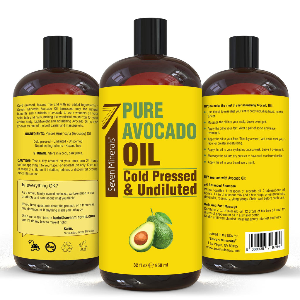 Seven Minerals NEW Cold Pressed Avocado Oil - 32oz, Hexane Free, Pure Carrier Oil