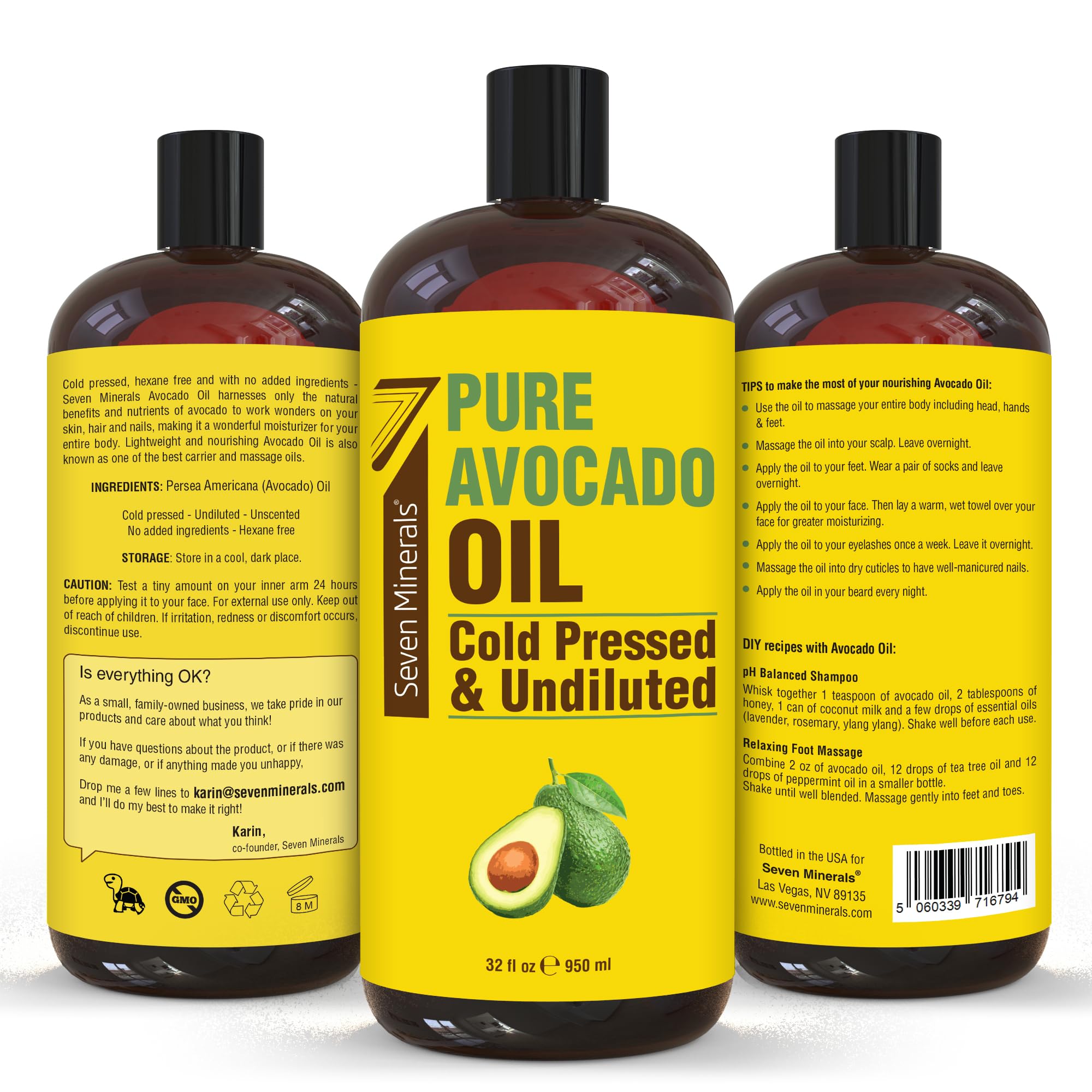 Seven Minerals NEW Cold Pressed Avocado Oil - 32oz, Hexane Free, Pure Carrier Oil