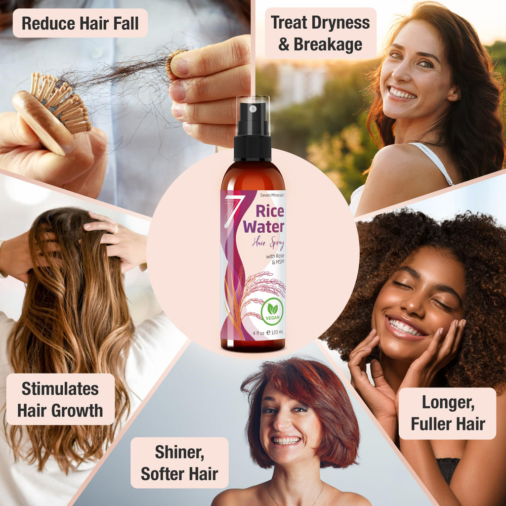Seven Minerals Rice Water Spray for Hair Growth – Fermented Rose Water, Aloe Vera & MSM – Vegan, Non-Greasy, 4 oz