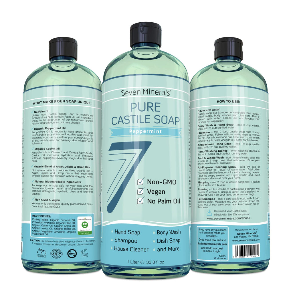 Seven Minerals Pure Peppermint Castile Soap – Palm Oil Free, Vegan, 33.8 oz