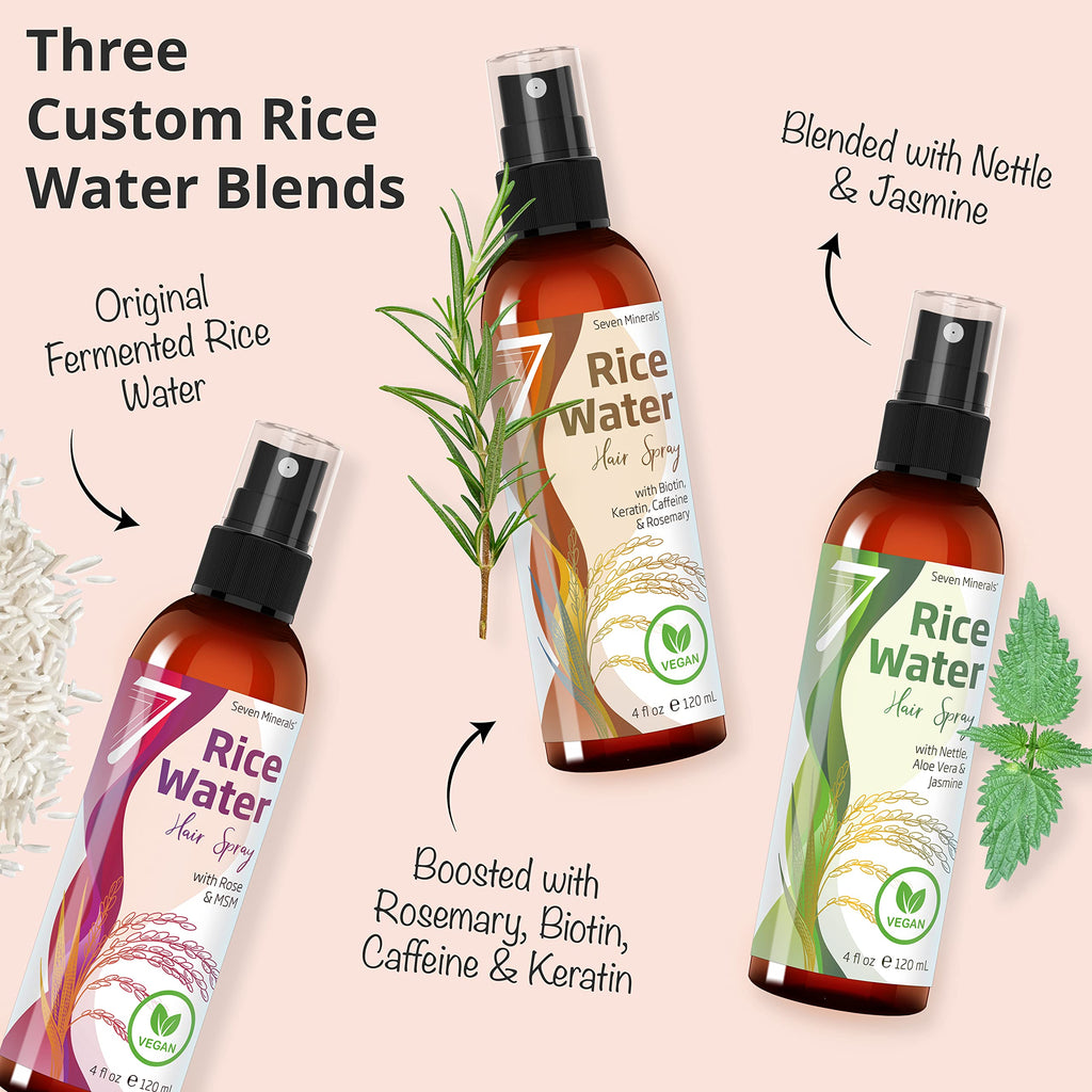 Seven Minerals Rice Water Spray for Hair Growth – Fermented Rose Water, Aloe Vera & MSM – Vegan, Non-Greasy, 4 oz