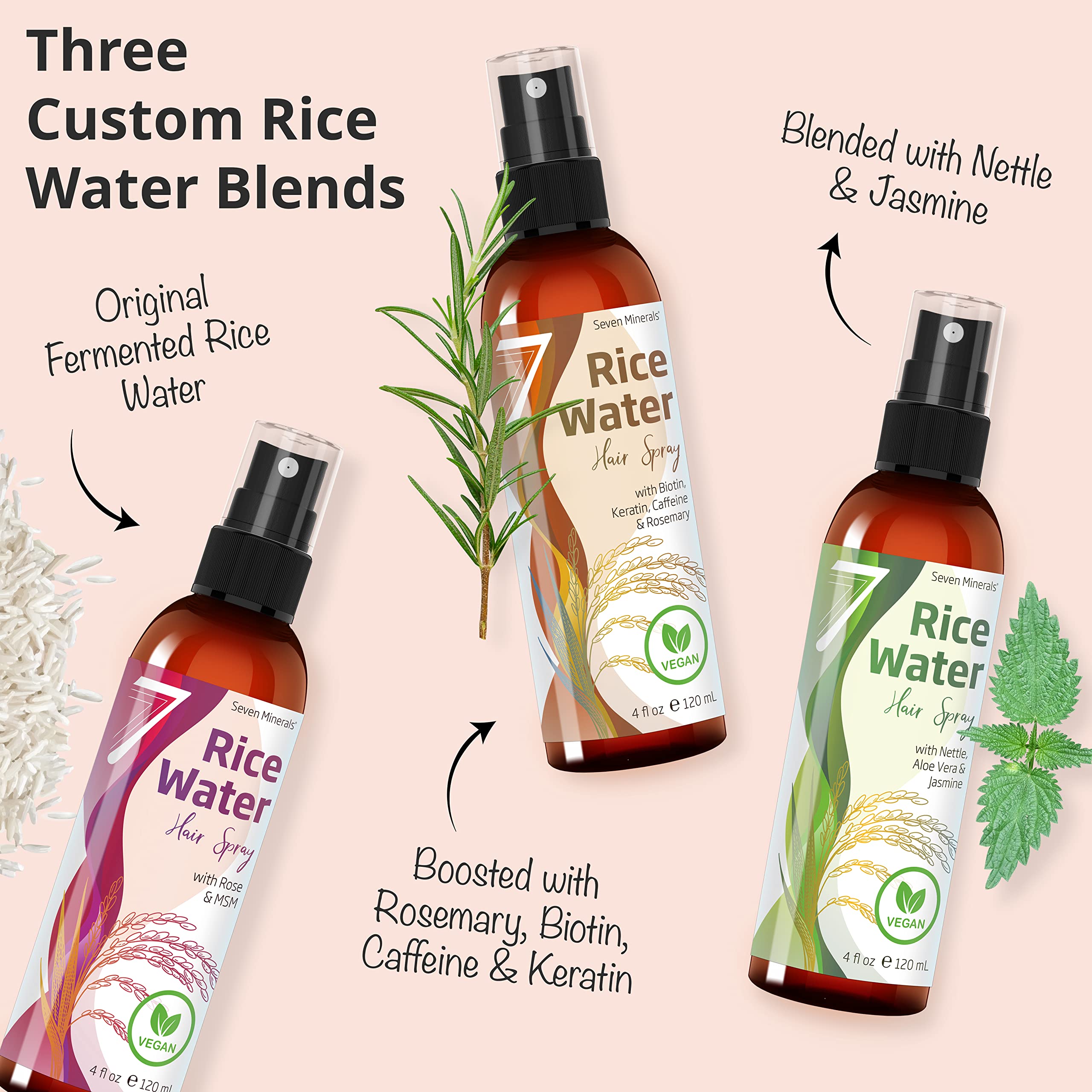 Seven Minerals Rice Water Spray for Hair Growth – Fermented Rose Water, Aloe Vera & MSM – Vegan, Non-Greasy, 4 oz