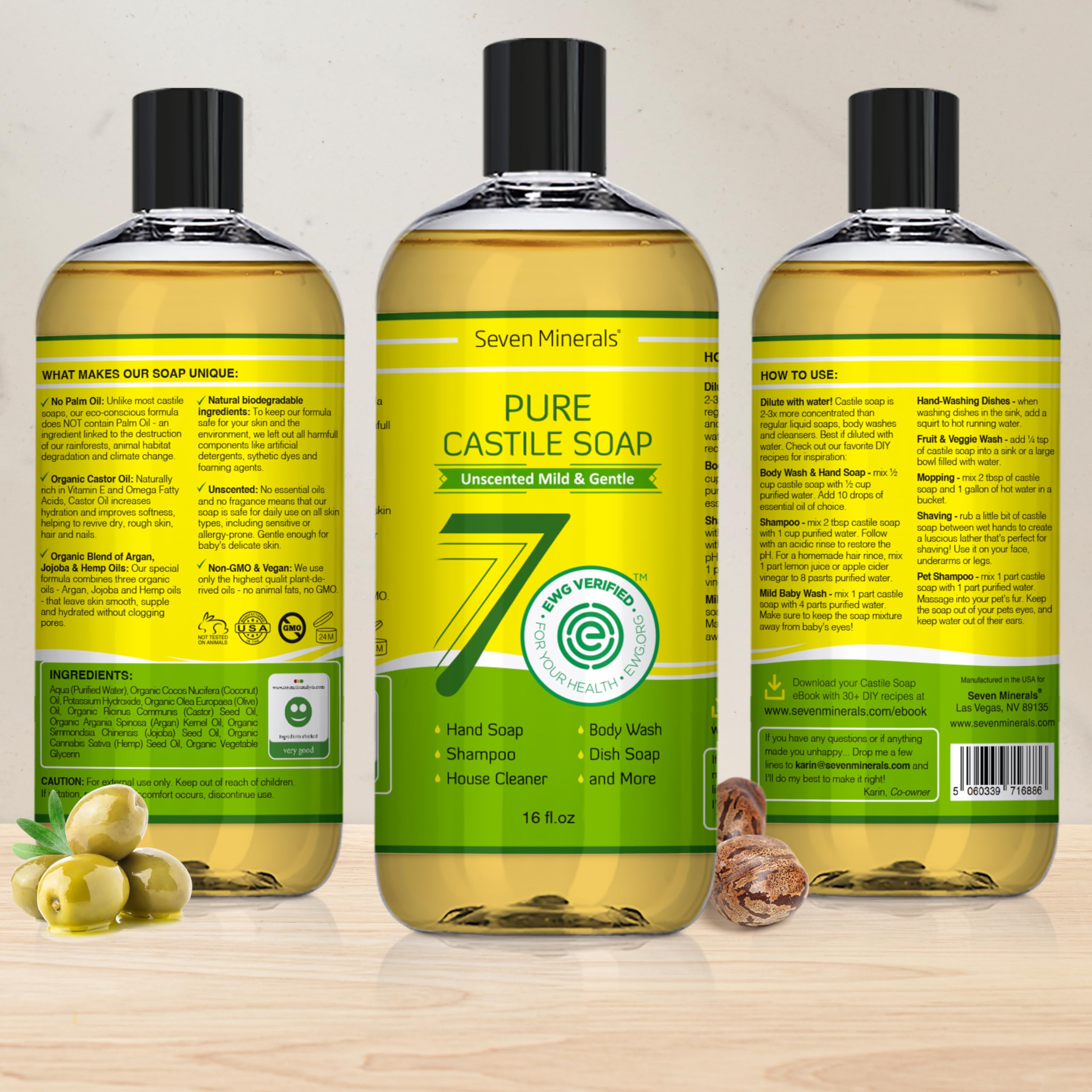 Seven Minerals Pure Castile Soap – Palm Oil Free, GMO-Free, Unscented Liquid Soap for Sensitive Skin (16 oz)