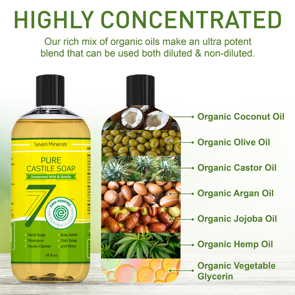 Seven Minerals Pure Castile Soap – Palm Oil Free, GMO-Free, Unscented Liquid Soap for Sensitive Skin (16 oz)