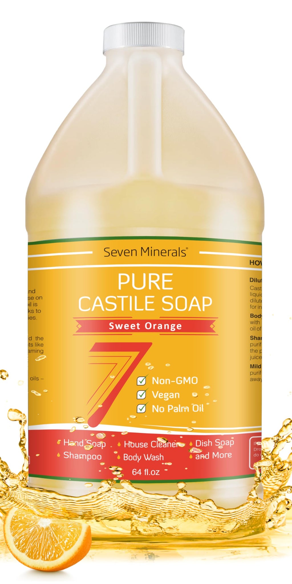 Seven Minerals Pure Castile Soap, Sweet Orange 64oz — Palm Oil Free, GMO-Free, Gentle Baby Wash