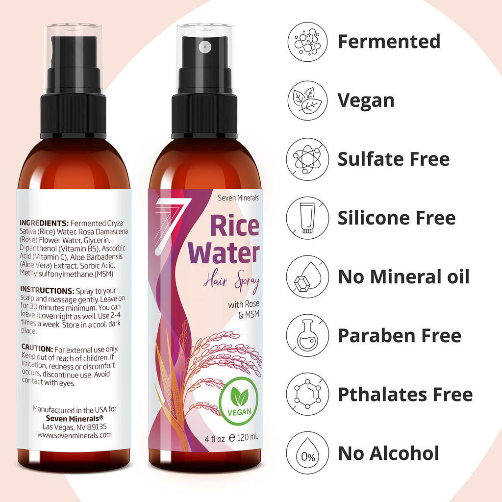 Seven Minerals Rice Water Spray for Hair Growth – Fermented Rose Water, Aloe Vera & MSM – Vegan, Non-Greasy, 4 oz