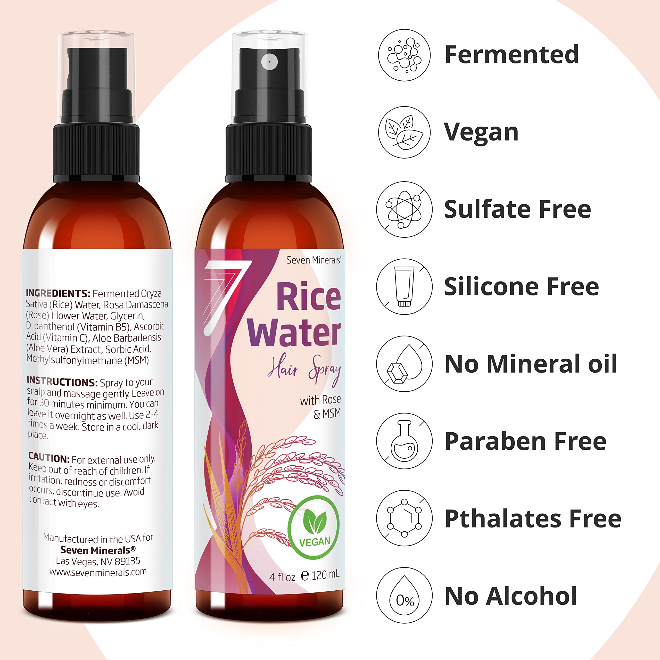 Seven Minerals Rice Water Spray for Hair Growth – Fermented Rose Water, Aloe Vera & MSM – Vegan, Non-Greasy, 4 oz
