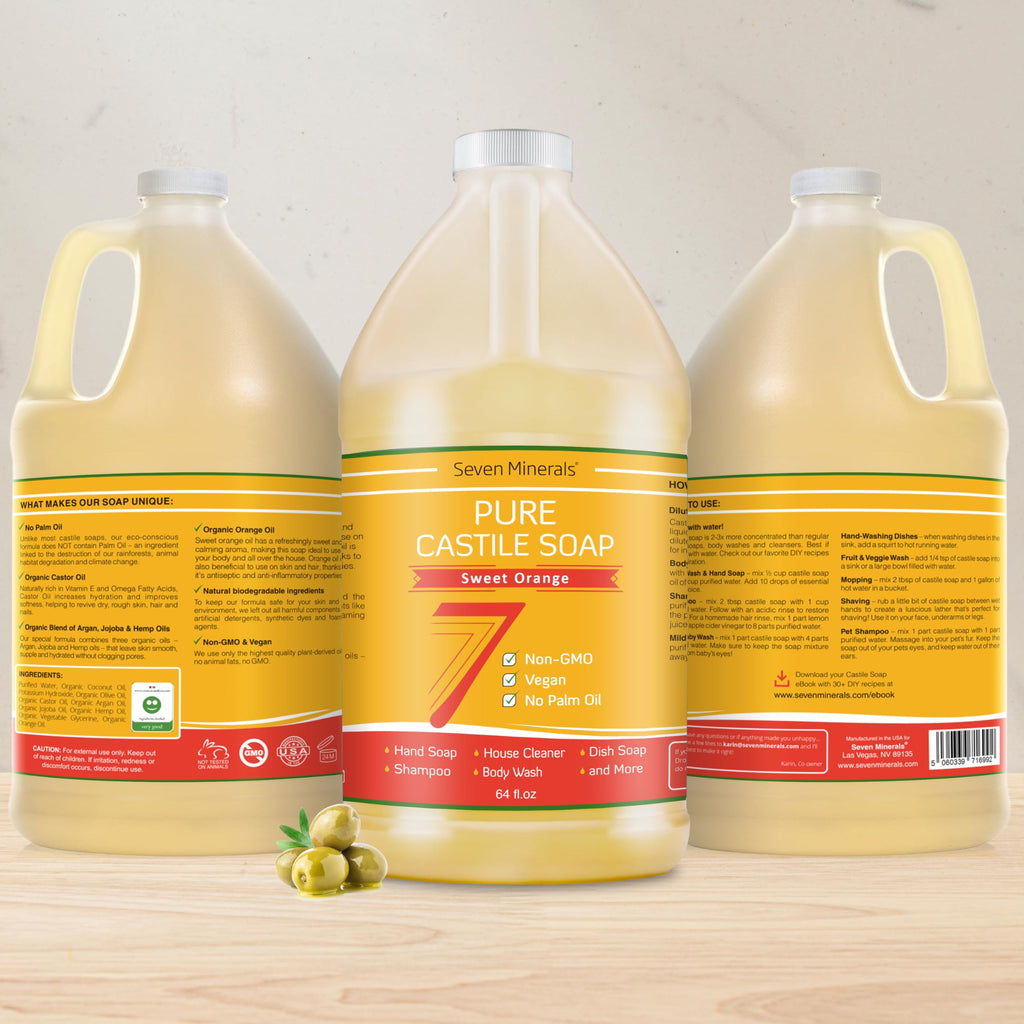 Seven Minerals Pure Castile Soap, Sweet Orange 64oz — Palm Oil Free, GMO-Free, Gentle Baby Wash