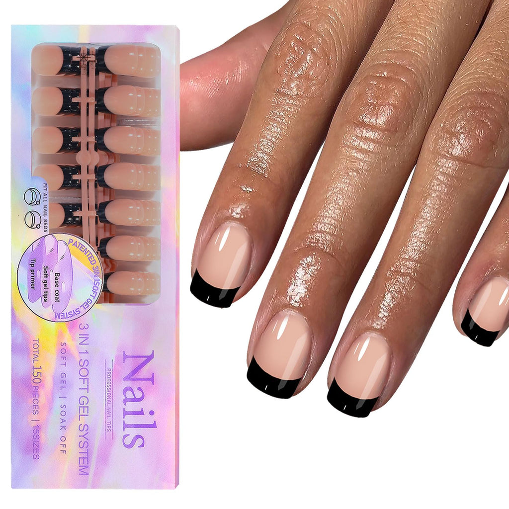 Sevgob 150Pcs Black French Tip Press-On Nails - Exit Short Square Nude Glossy Reusable Gel Nail Tips