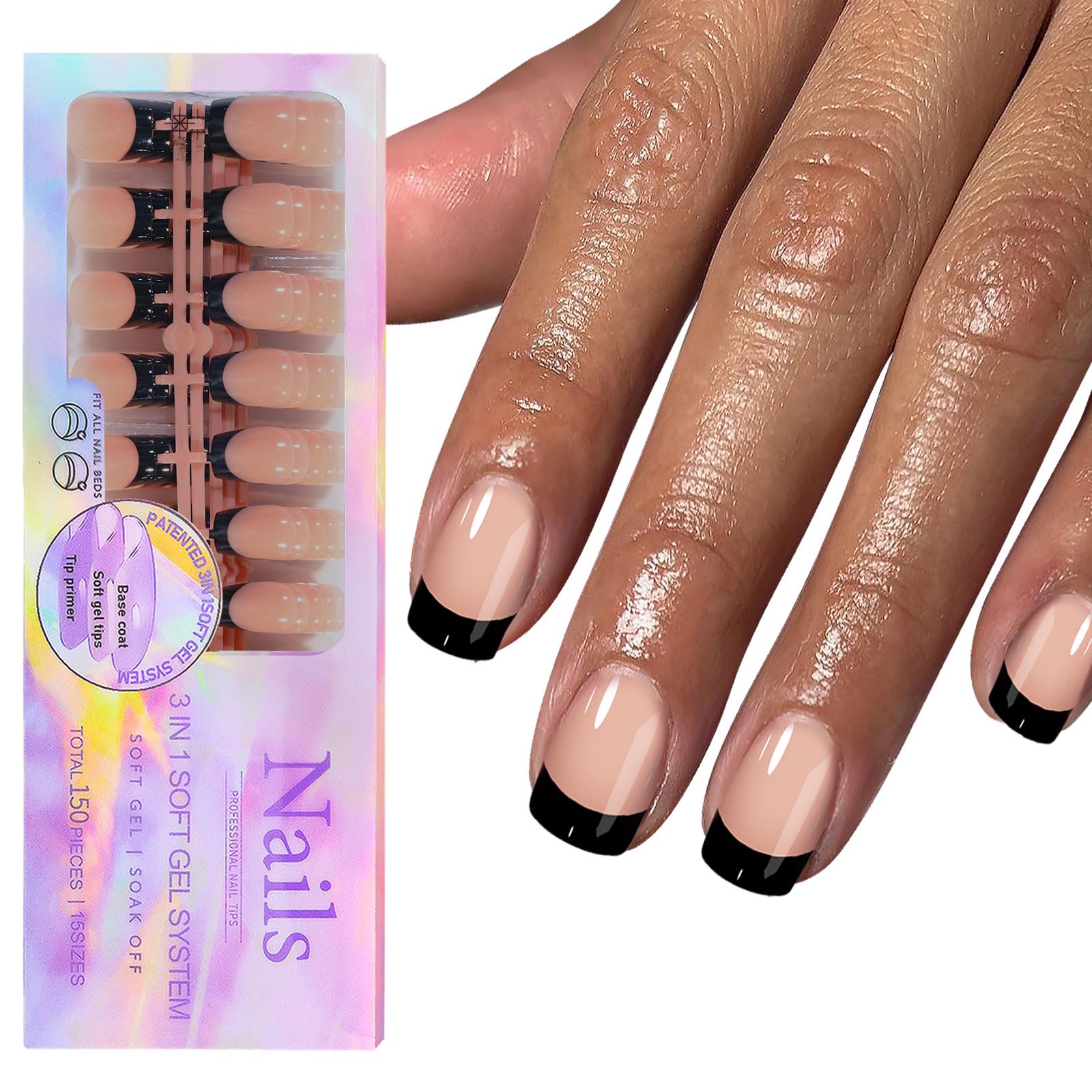 Sevgob 150Pcs Black French Tip Press-On Nails - Exit Short Square Nude Glossy Reusable Gel Nail Tips
