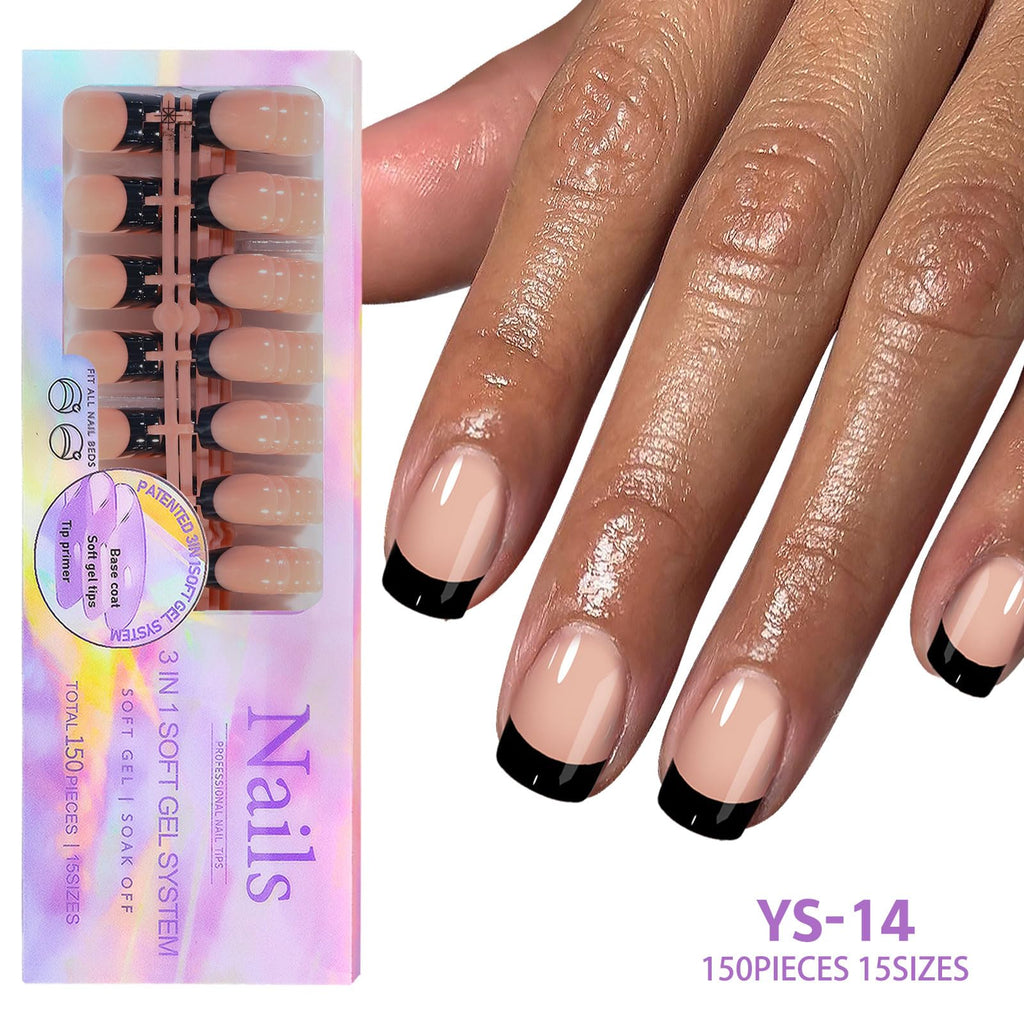 Sevgob 150Pcs Black French Tip Press-On Nails - Exit Short Square Nude Glossy Reusable Gel Nail Tips
