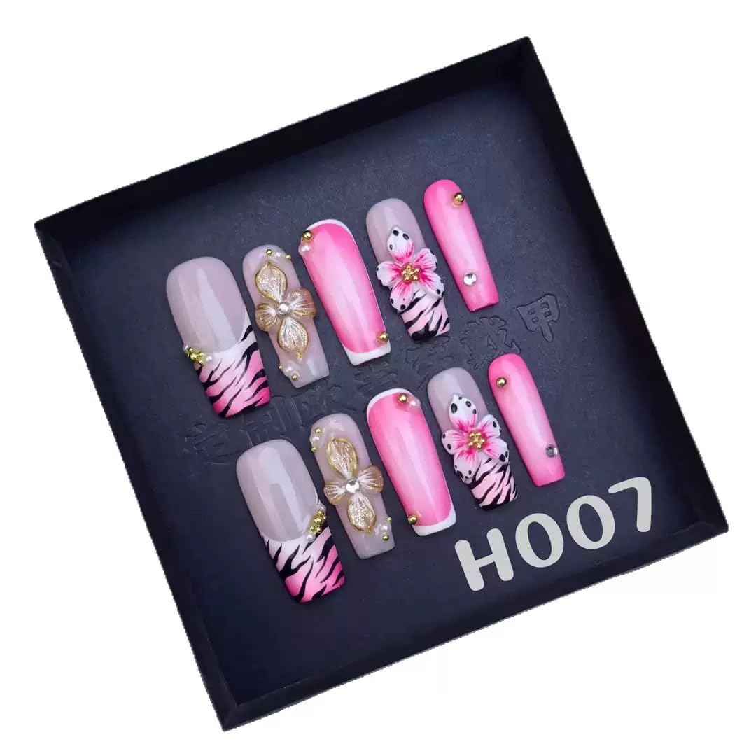 Sevgob 5D Handmade Press On Nails – Pink Flower Long Square Embossed Floral (10 Pcs)